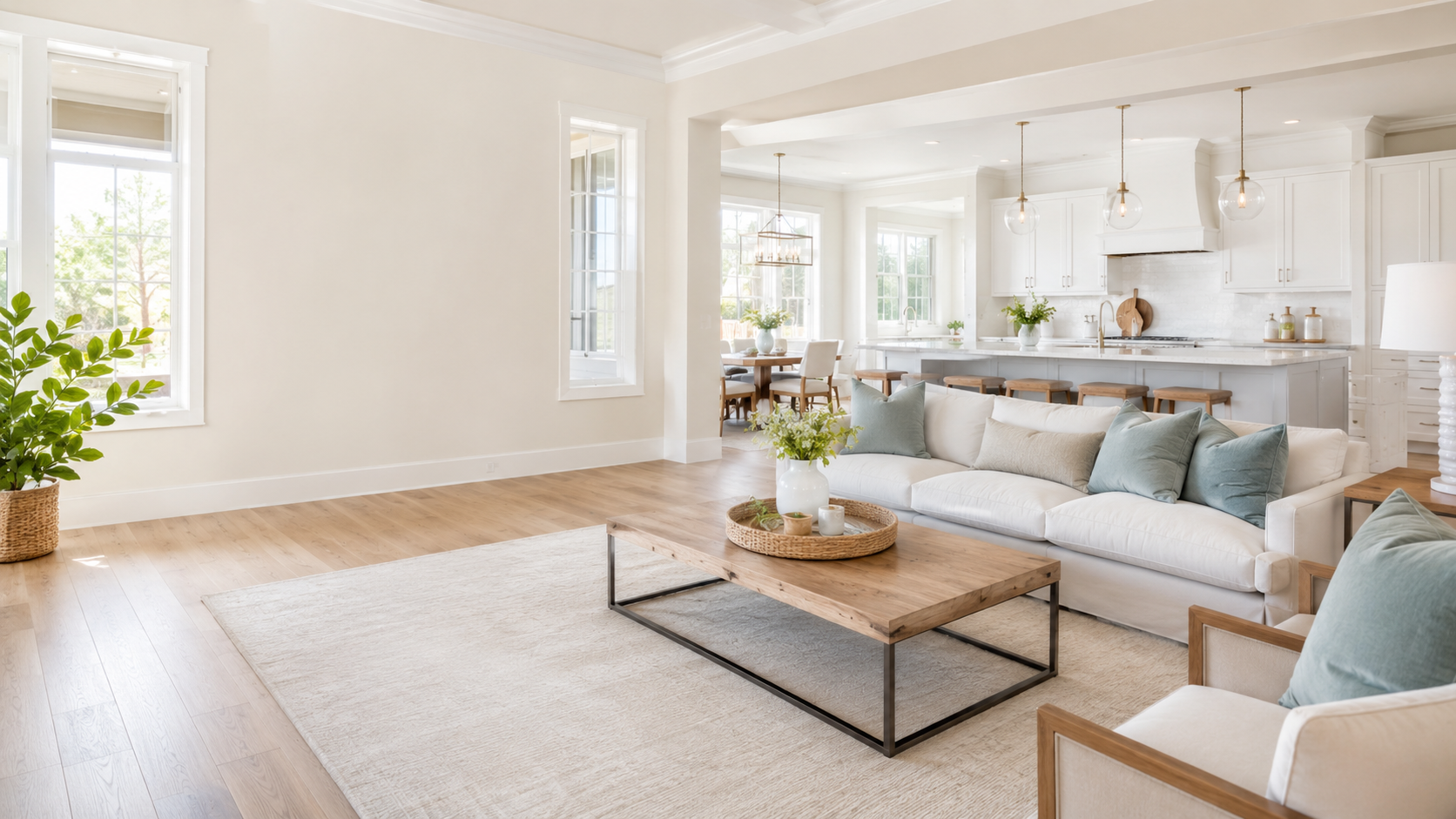 Bright clean living room and kitchen interior