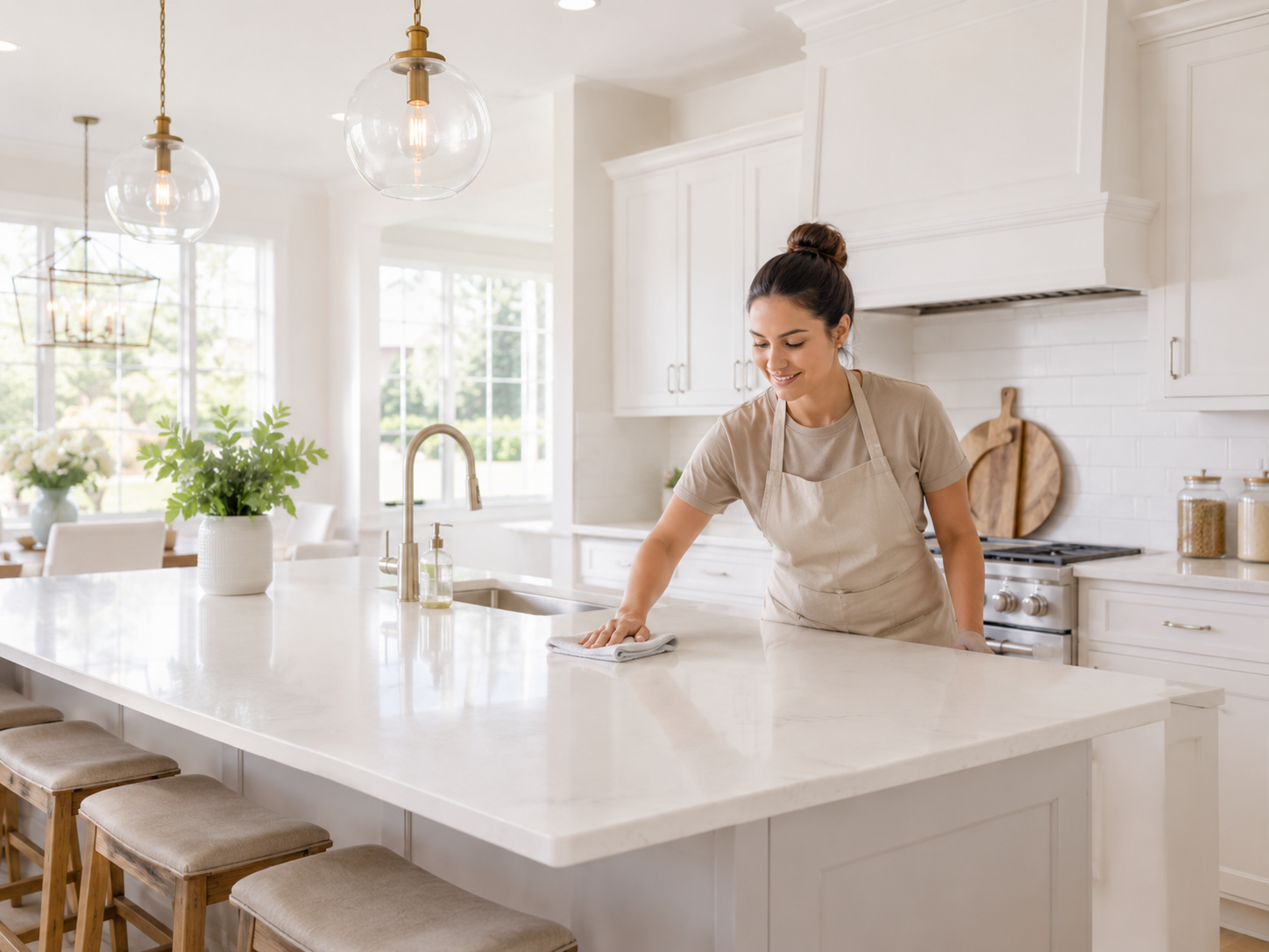 Professional residential cleaning in a bright kitchen