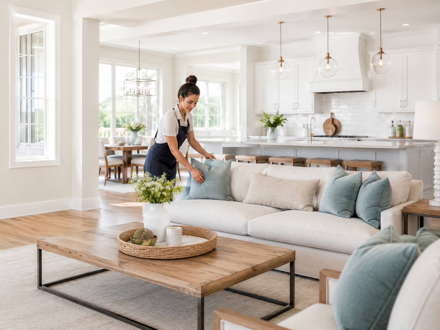 Professional cleaner arranging a bright living room